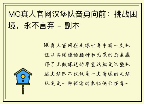 MG真人官网汉堡队奋勇向前：挑战困境，永不言弃 - 副本