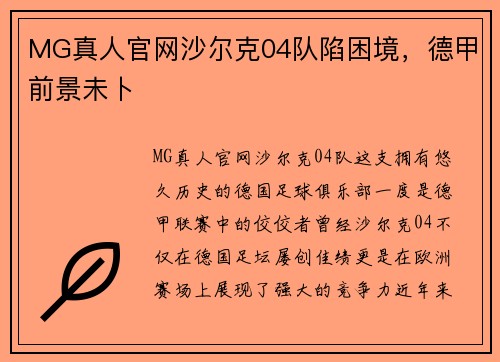 MG真人官网沙尔克04队陷困境，德甲前景未卜